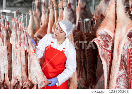Female slaughterhouse worker inspecting lamb carcass in meat storage Female slaughterhouse worker inspecting lamb carcass in meat storage 128805868