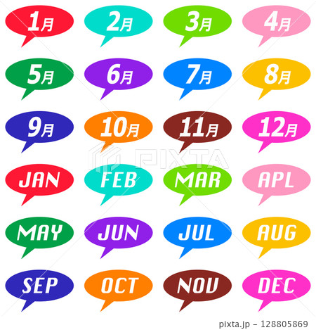 1月から12月のカラフルな吹き出しアイコン 数字&英字表記セット 1月から12月のカラフルな吹き出しアイコン 数字&英字表記セット 128805869