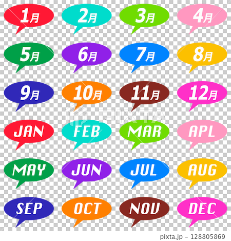 彩色氣泡圖示設定為 1 月至 12 月,帶有數字和英文字母 彩色氣泡圖示設定為 1 月至 12 月,帶有數字和英文字母 128805869