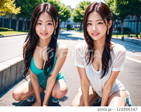公園のベンチに座る笑顔の女性 128806387