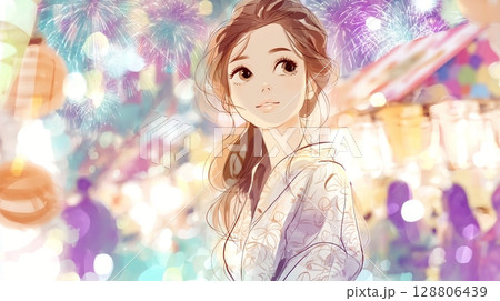 浴衣姿の可愛い日本人女性と夏祭りの夜|花火,夏祭り,浴衣,笑顔,夜空 浴衣姿の可愛い日本人女性と夏祭りの夜|花火,夏祭り,浴衣,笑顔,夜空 128806439