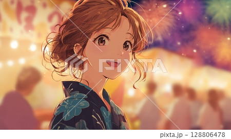 浴衣姿の可愛い日本人女性と夏祭りの夜｜花火,夏祭り,浴衣,笑顔,夜空 128806478