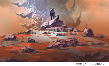 Man and Dog Facing Massive Strange Rock Formation in Alien Landscape 128806572