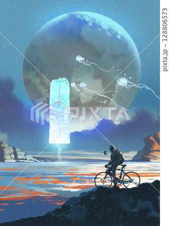 Cyclist Observing Floating Monolith and Lightning on Distant Planet 128806573
