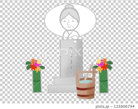 Grandmother with speech bubble and tombstone and bouquet illustration 128806794