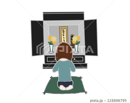 仏前で合掌をする女性の後ろ姿の風景のイラスト 仏前で合掌をする女性の後ろ姿の風景のイラスト 128806795