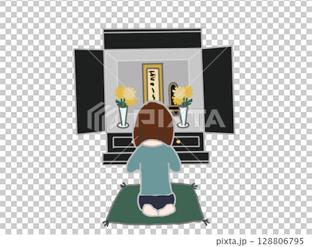 Illustration of a woman's back view praying in front of a Buddha statue 128806795