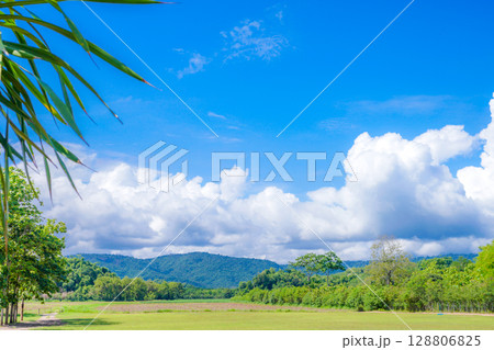 Mountains and sky, vast background, green, beautiful, in nature. 128806825