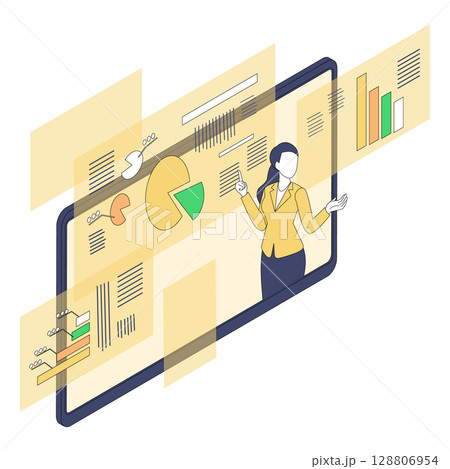 オンラインセミナーを行う女性ビジネスパーソンのイラスト オンラインセミナーを行う女性ビジネスパーソンのイラスト 128806954