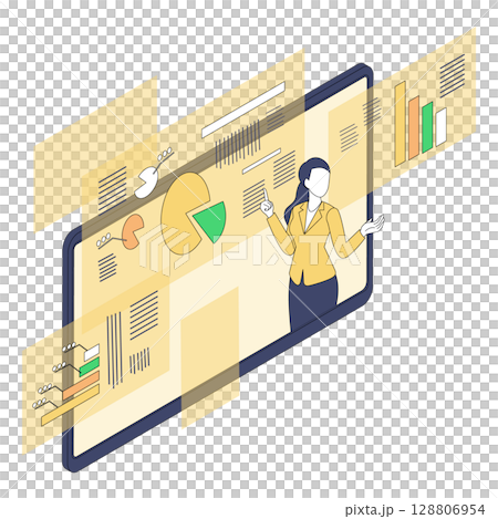 Illustration of a female business person conducting an online seminar 128806954