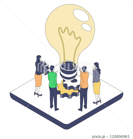 ビジネスチームのアイデア創出と歯車の連携｜イノベーションと協働の象徴イラスト 128806961