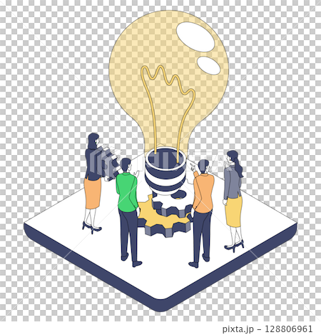 ビジネスチームのアイデア創出と歯車の連携｜イノベーションと協働の象徴イラスト 128806961