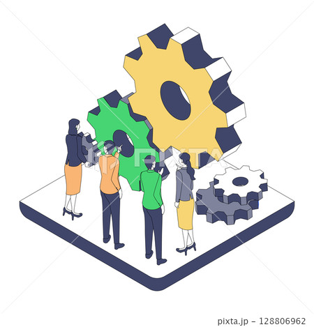 巨大な歯車を調整するビジネスチームのアイソメイラスト｜組織と仕組みの連携を可視化 128806962