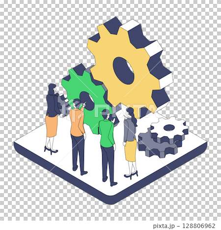 巨大な歯車を調整するビジネスチームのアイソメイラスト｜組織と仕組みの連携を可視化 128806962