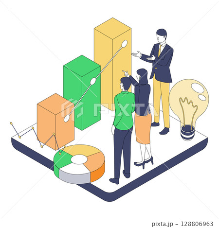 成長戦略を語るビジネスプレゼン｜グラフと指差しで示す未来の方向性 128806963