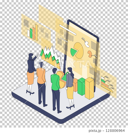 Drawing strategies with data | Isometric illustration of a meeting scene using a large display 128806964