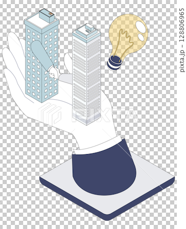 Handshake between companies | Unique isometric illustration of buildings holding hands 128806965