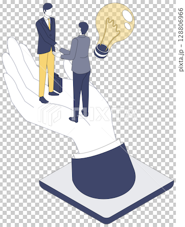 Platform of Trust | Isometric illustration of a giant hand supporting a handshake of businessmen 128806966