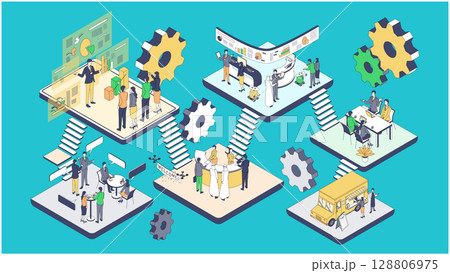 ビジネスの流れを一望できるアイソメトリックで描く業務プロセス全体像 128806975