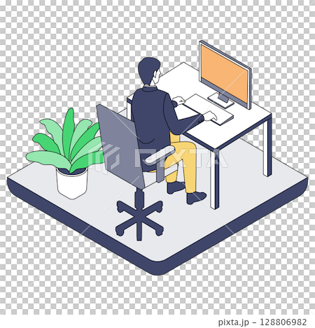 在辦公桌前工作的商務人士的等距插圖 128806982