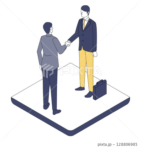 ビジネスパートナーとの握手シーンのアイソメイラスト 128806985