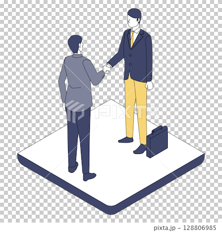 ビジネスパートナーとの握手シーンのアイソメイラスト 128806985