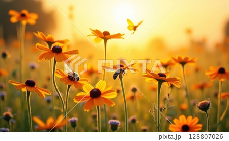 Vibrant field of yellow flowers with bees buzzing during a warm sunset in a serene rural landscape 128807026
