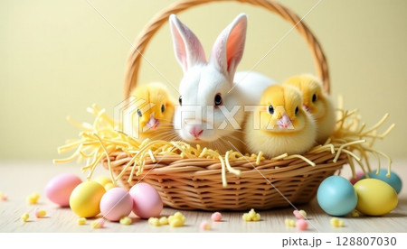 White rabbit and yellow chicks nestled together in a woven basket surrounded by colorful Easter eggs on a light background 128807030