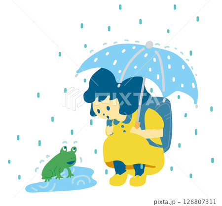 雨の日の小学生と蛙 128807311
