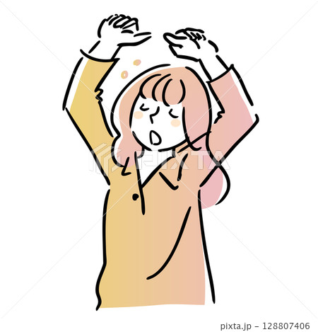 眠くて伸びをする女性　線画　シンプルイラスト　朝　夜 128807406