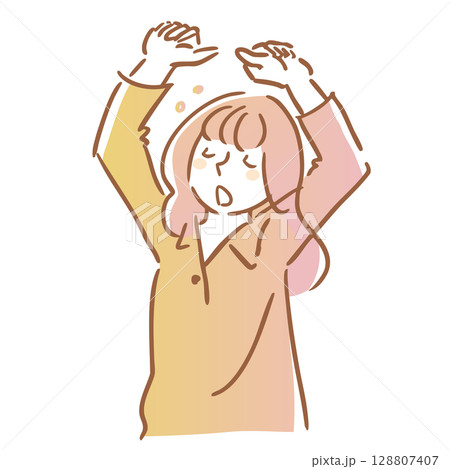 眠くて伸びをする女性　線画　シンプルイラスト　朝　夜 128807407