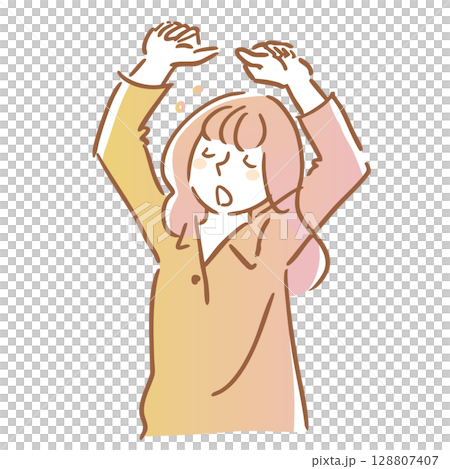 眠くて伸びをする女性　線画　シンプルイラスト　朝　夜 128807407