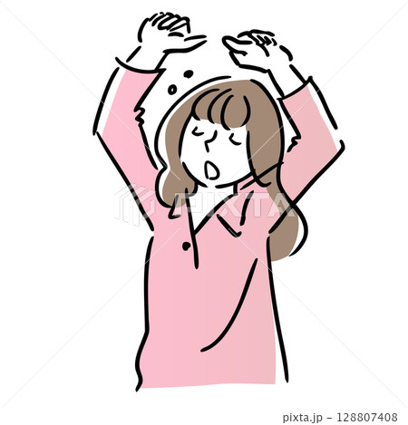 眠くて伸びをする女性　線画　シンプルイラスト　朝　夜 128807408