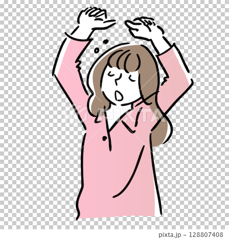 眠くて伸びをする女性　線画　シンプルイラスト　朝　夜 128807408