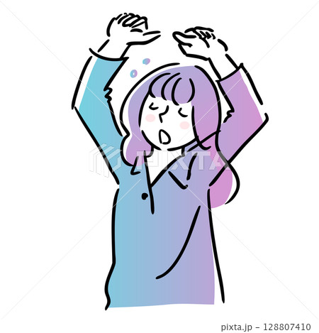 眠くて伸びをする女性　線画　シンプルイラスト　朝　夜 128807410