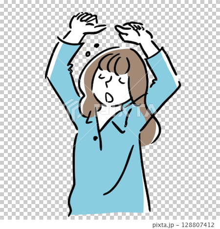 一個昏昏欲睡的女人伸展線條畫簡單的插圖早晨夜晚 128807412