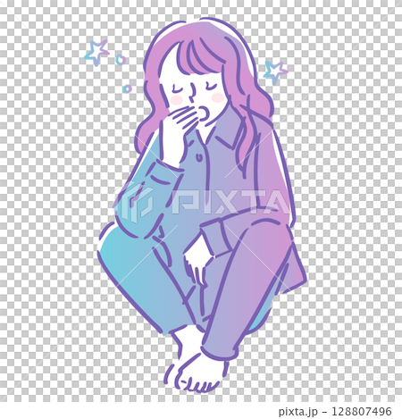 一位穿著睡衣的女士坐著打哈欠,覺得很睏 一位穿著睡衣的女士坐著打哈欠,覺得很睏 128807496