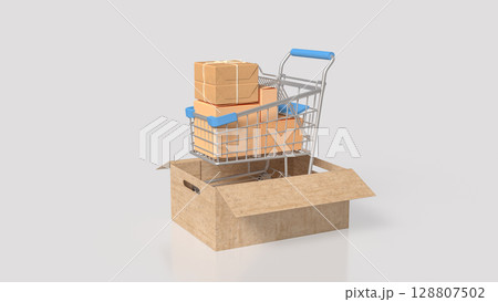 The Shopping Cart in card box for Shipping or transportation concept 3d Rendering. 128807502