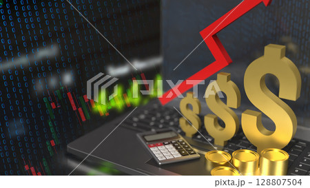 The Gold Dollar and Arrow up on laptop for Business concept 3d Rendering. The Gold Dollar and Arrow up on laptop for Business concept 3d Rendering. 128807504
