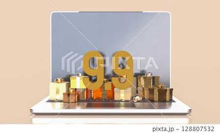 The Gift box and laptop for 9.9 promotion or business concept 3d Rendering. The Gift box and laptop for 9.9 promotion or business concept 3d Rendering. 128807532