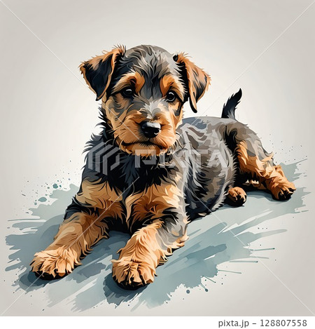ウェルシュ・テリアの子犬が寝そべる可愛いイラスト 128807558