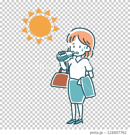 向量圖的一位身穿西裝的女士正在補水 向量圖的一位身穿西裝的女士正在補水 128807762