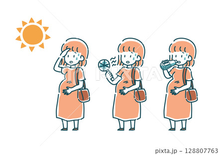 暑い日に出かける妊婦のベクターイラストセット 暑い日に出かける妊婦のベクターイラストセット 128807763