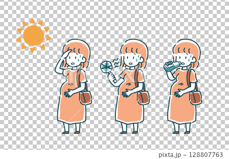 暑い日に出かける妊婦のベクターイラストセット 暑い日に出かける妊婦のベクターイラストセット 128807763