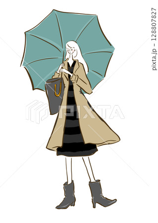 パリジェンヌ　女の子　おしゃれ　イラスト　ファッション　雨の日　傘 128807827
