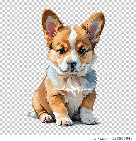 ウェルシュ・コーギー・ペンブロークの子犬が座ってこちらを見つめる切り抜きイラスト 128807948