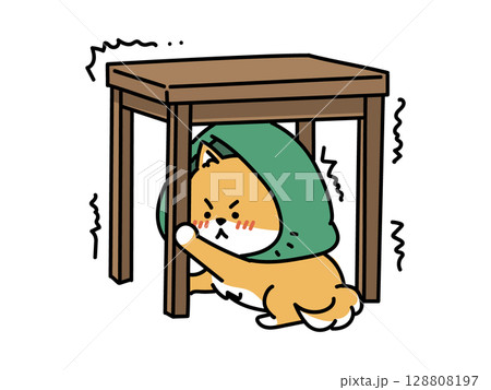 地震だ！机の下に避難しよう　柴犬版 128808197