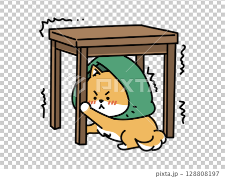 地震だ！机の下に避難しよう　柴犬版 128808197