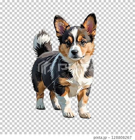 ウェルシュ・コーギー・ペンブロークの子犬が元気に立つ姿の切り抜きイラスト 128808267