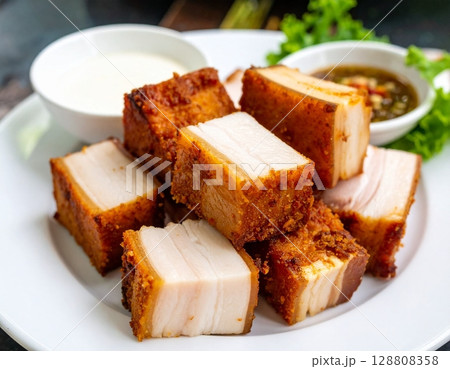 Crispy pork belly with garlic and pepper sauce on the table Crispy pork belly with garlic and pepper sauce on the table 128808358